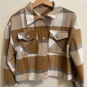 Brown and Cream Teddy Jacket with Cropped Length and Relaxed Fit